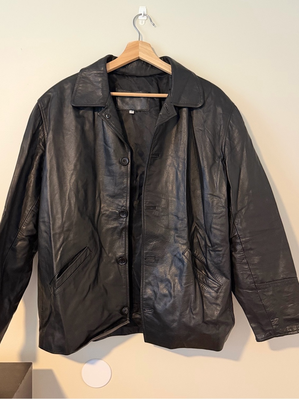 Men's Black Leather Jacket - Classic Button Front Coat